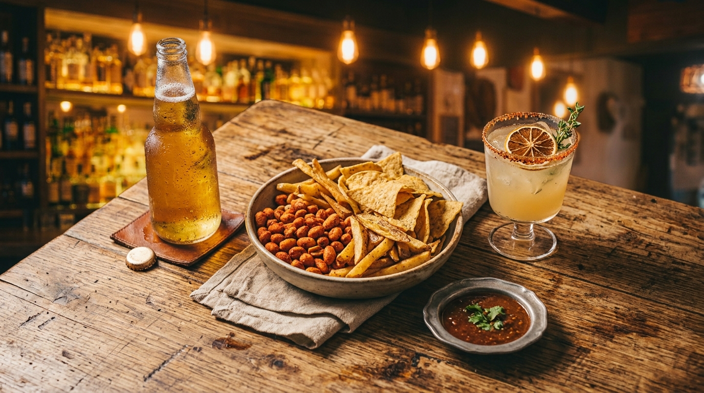 Botana de cantina servida en la mesa junto a las bebidas