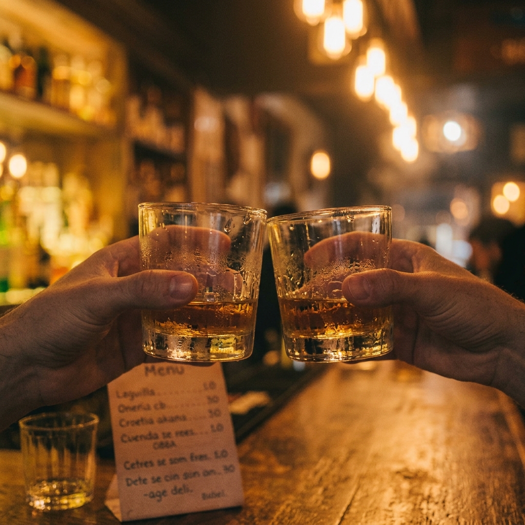 Manos brindando con copas, luces cálidas de fondo